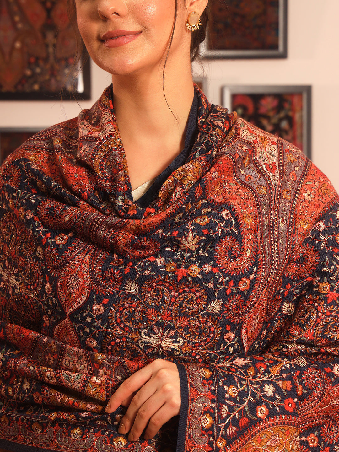 Pashmoda Women’s Mahnoor 100% Pure Wool Sozni Hand Embroidered Shawl (Size: 101x203 Cm)