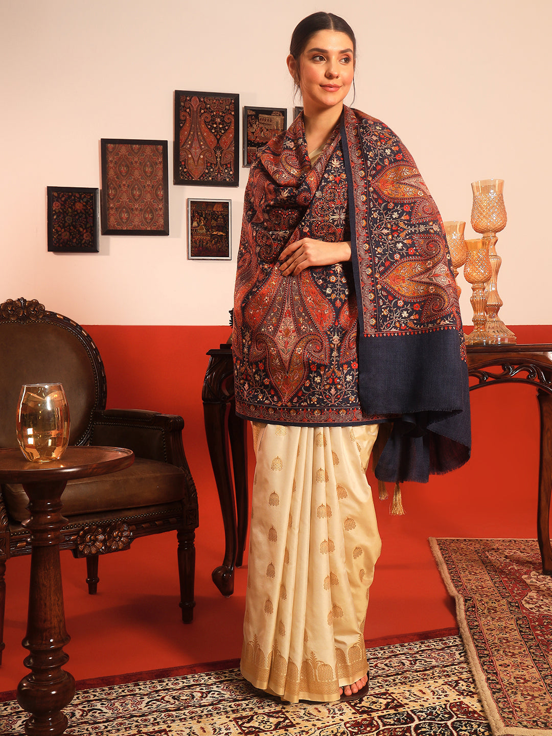 Pashmoda Women’s Mahnoor 100% Pure Wool Sozni Hand Embroidered Shawl (Size: 101x203 Cm)