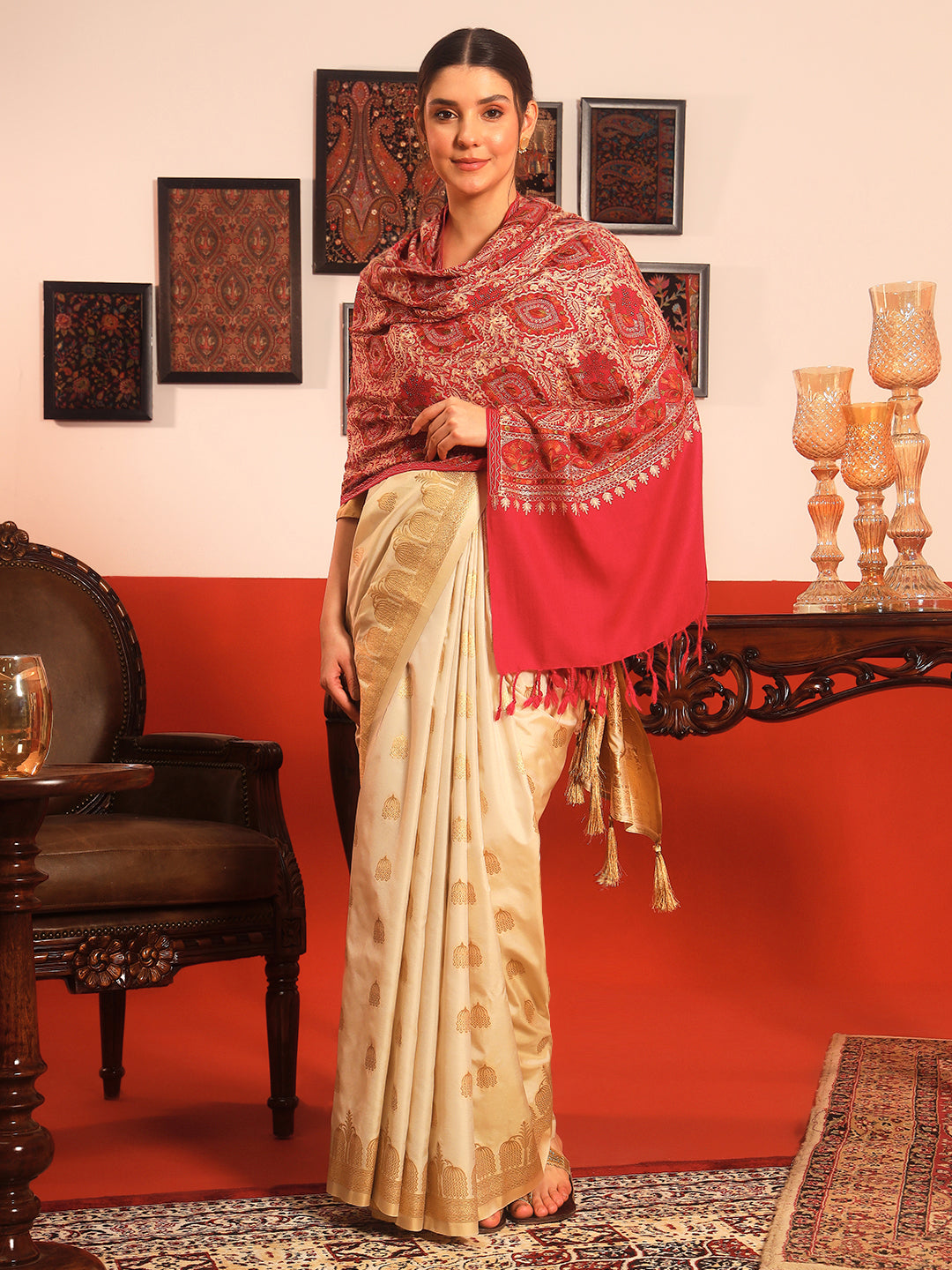 Pashmoda Women Ornate Harmony Fine Wool Nalki Embroidered Stole (Size : 71X203 CM)