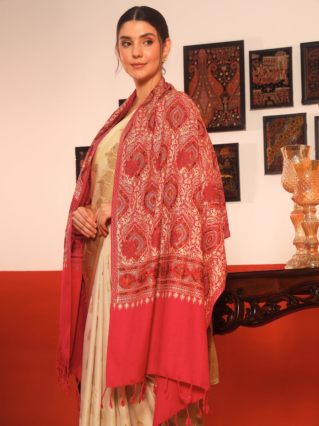 Pashmoda Women Ornate Harmony Fine Wool Nalki Embroidered Stole (Size : 71X203 CM)