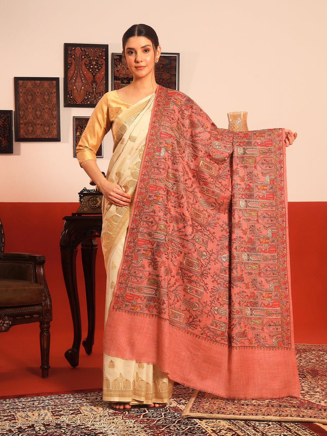 Pashmoda Women Arwina 100% Pure Wool Sozni Hand Embroidered Shawl (Size: 101x203 CM)