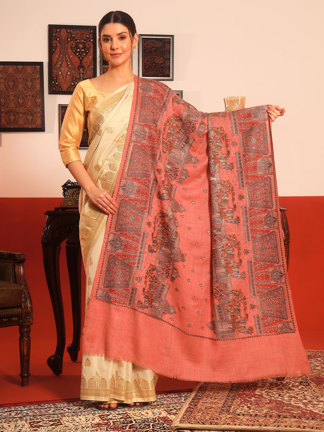 Pashmoda Women Zavian 100% Pure Wool Sozni Hand Embroidered Shawl (Size: 101x203 Cm)