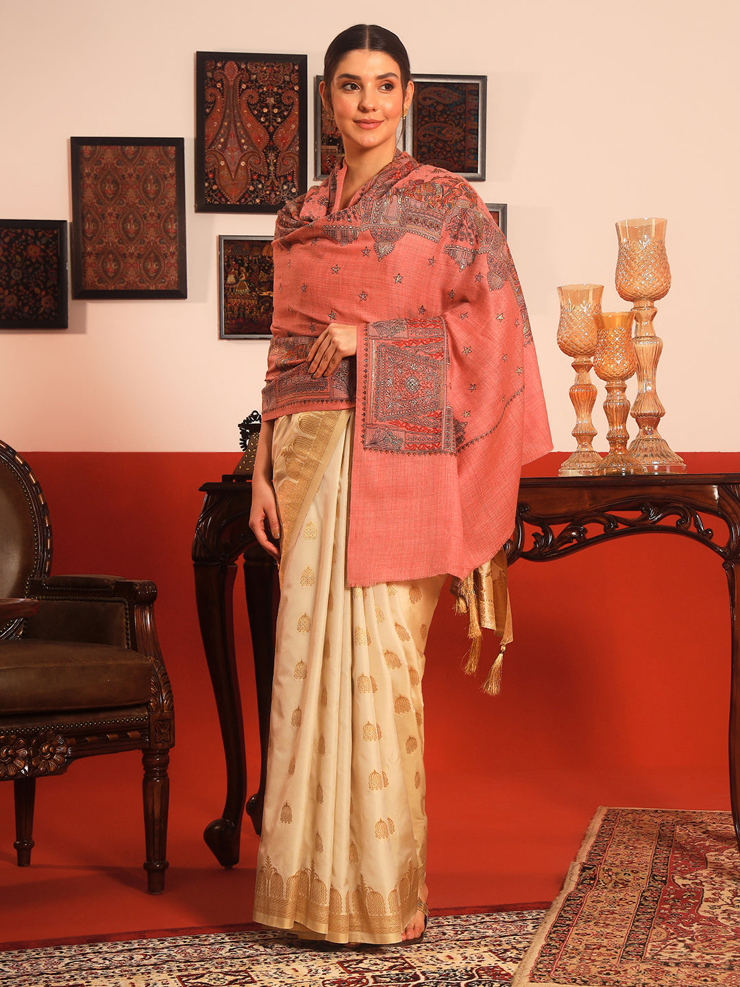 Pashmoda Women Zavian 100% Pure Wool Sozni Hand Embroidered Shawl (Size: 101x203 Cm)