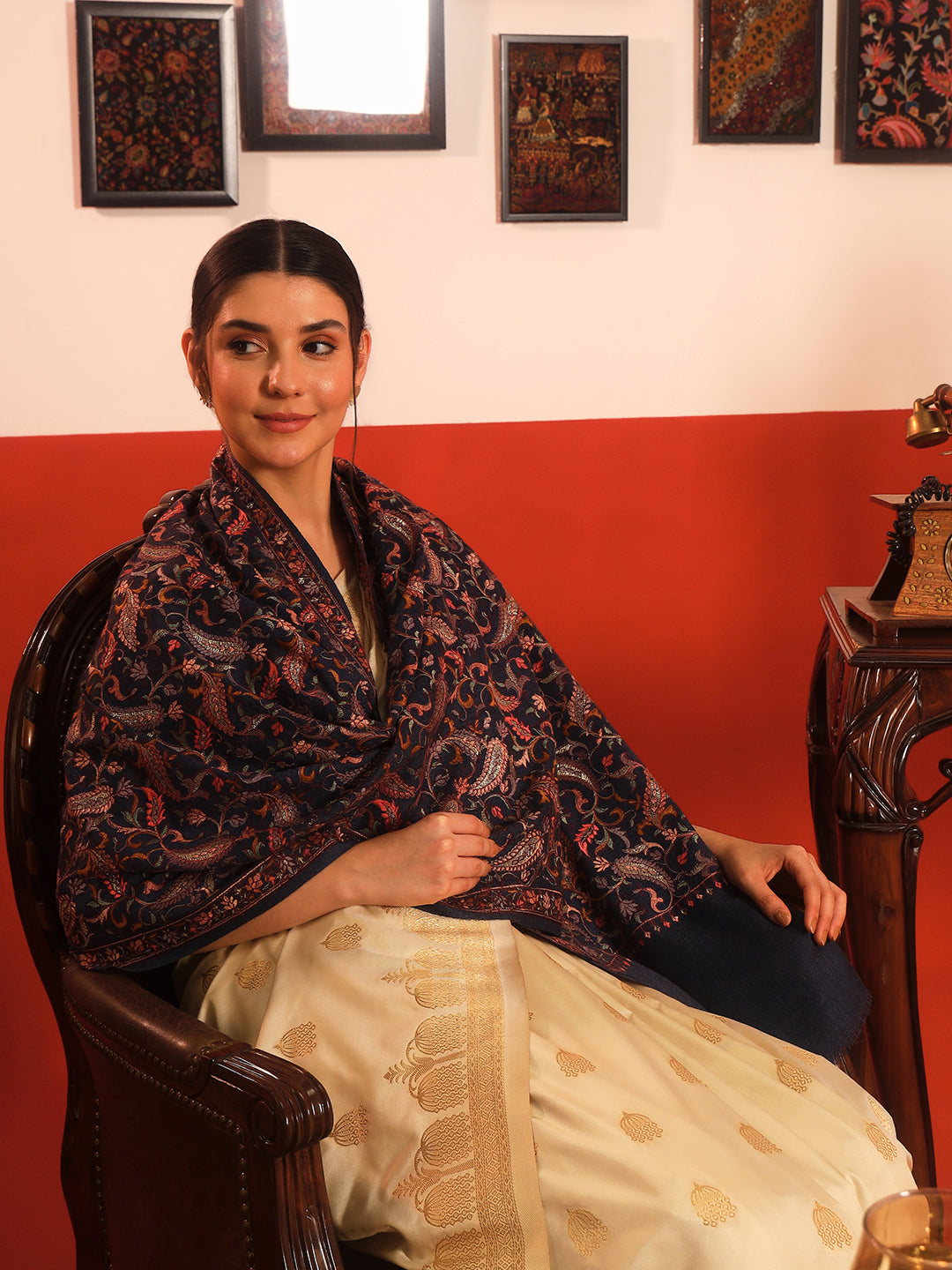 Pashmoda Women’s 100% Pure Wool Sozni Hand Embroidered Stole (Size: 71x203 cm)