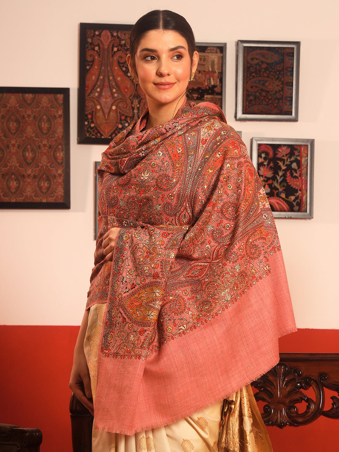 Pashmoda Women Mahnoor 100% Pure Wool Sozni Hand Embroidered Shawl (Size: 101x203 Cm)