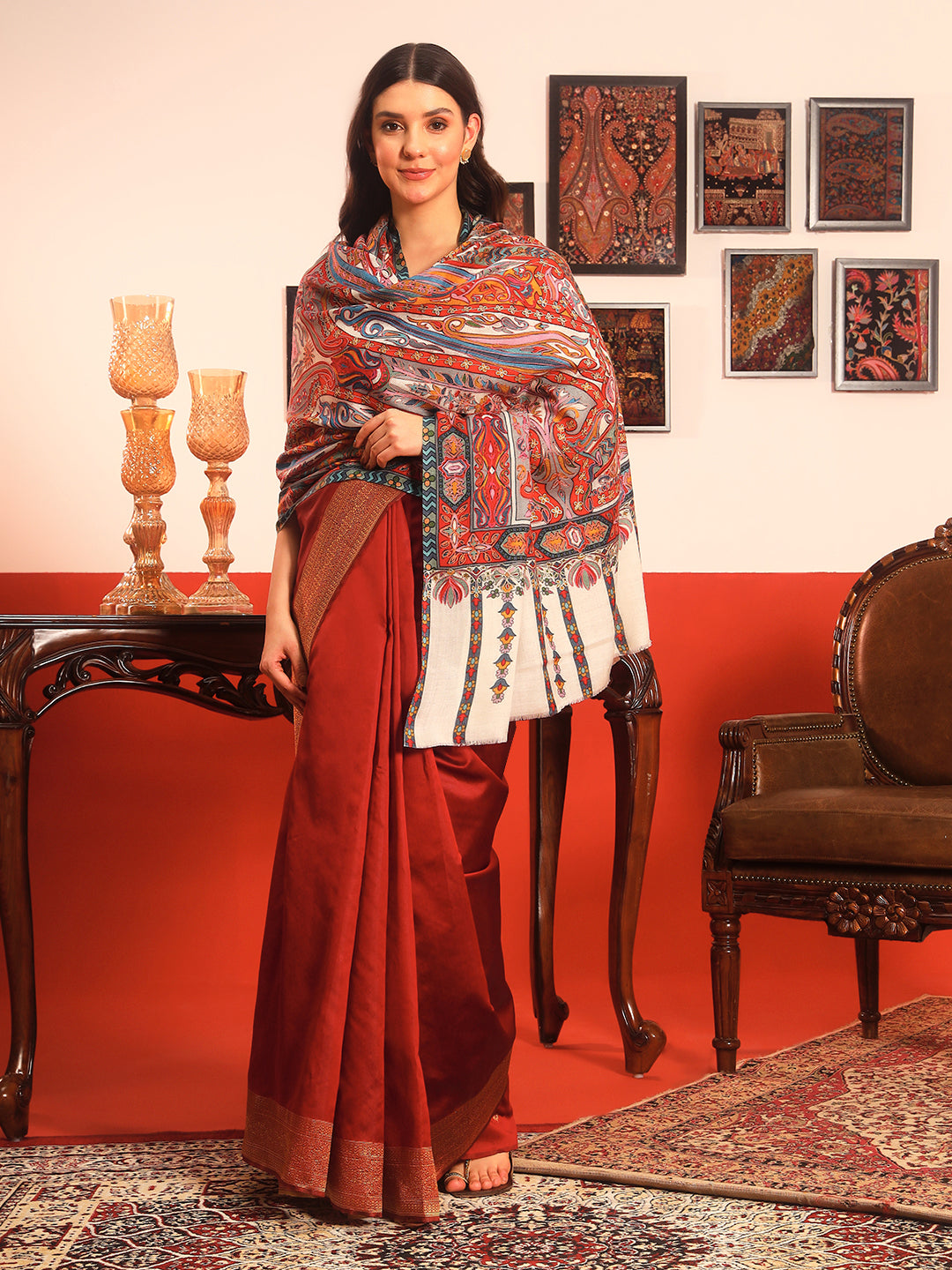 Pashmoda Women Rangrez Rangkalam 100% Pure Wool Fabric Kalamkari Embroidered Shawl (Size:101x203 cm)