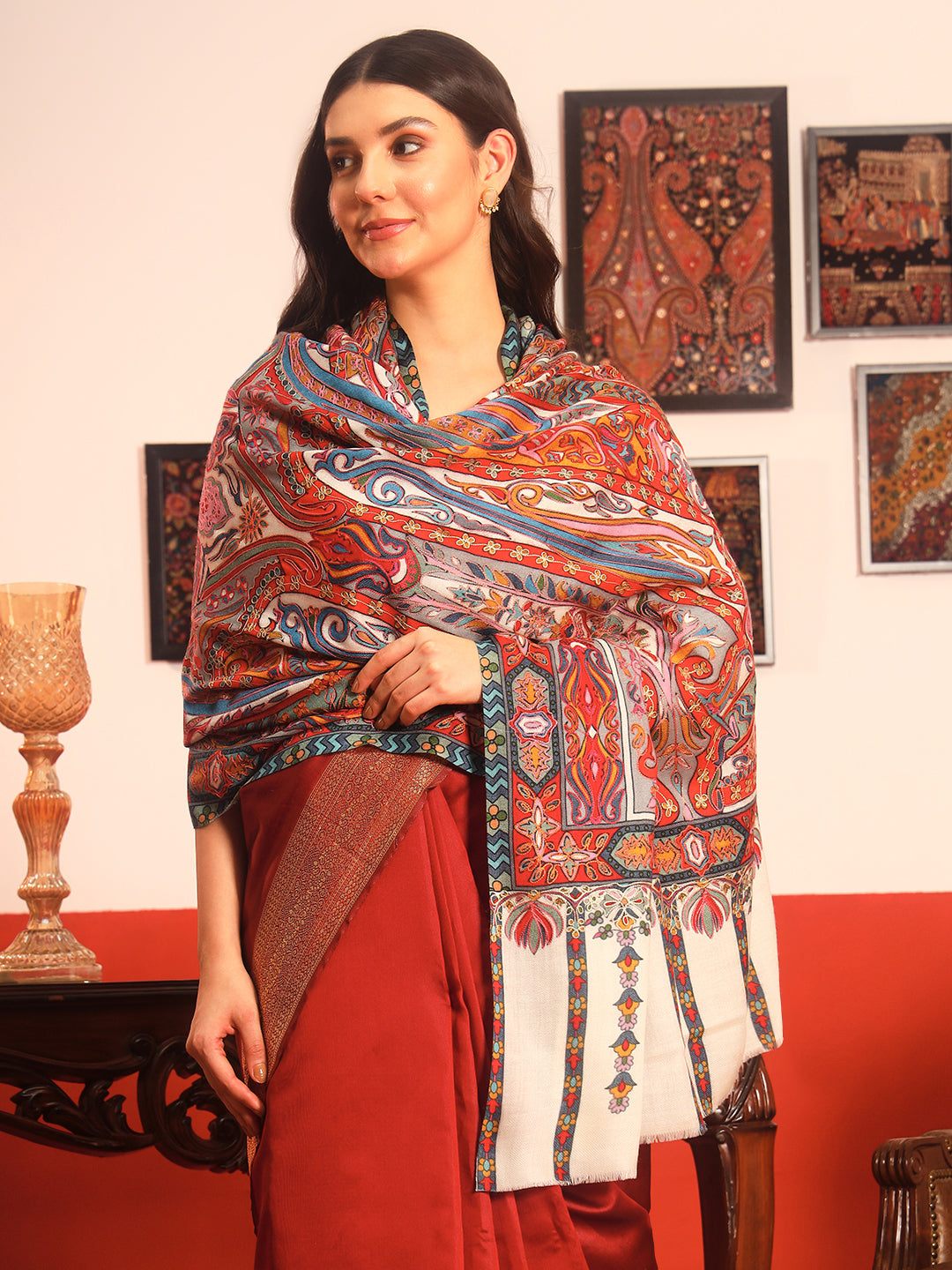 Pashmoda Women Rangrez Rangkalam 100% Pure Wool Fabric Kalamkari Embroidered Shawl (Size:101x203 cm)