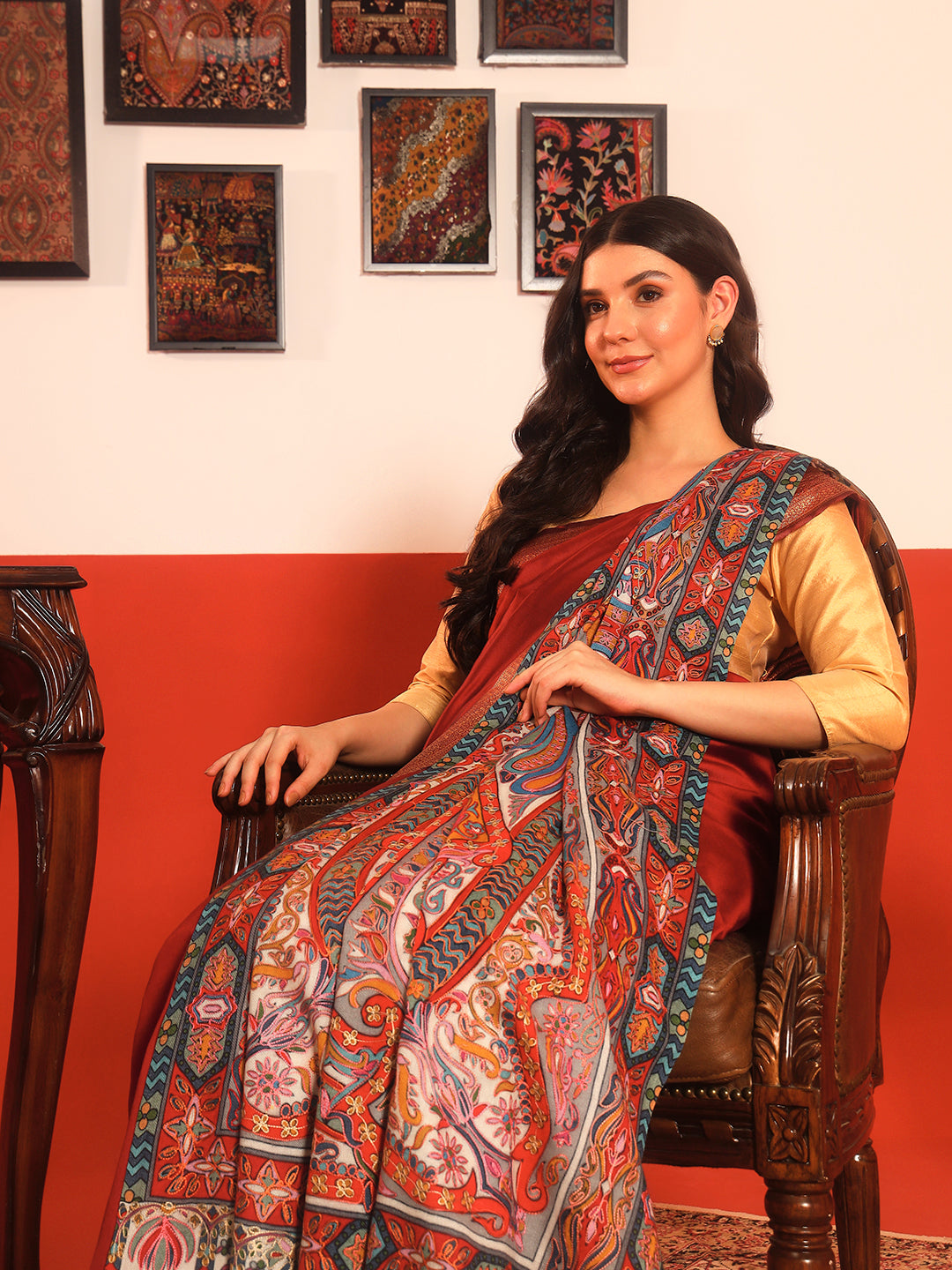 Pashmoda Women Rangrez Rangkalam 100% Pure Wool Fabric Kalamkari Embroidered Shawl (Size:101x203 cm)