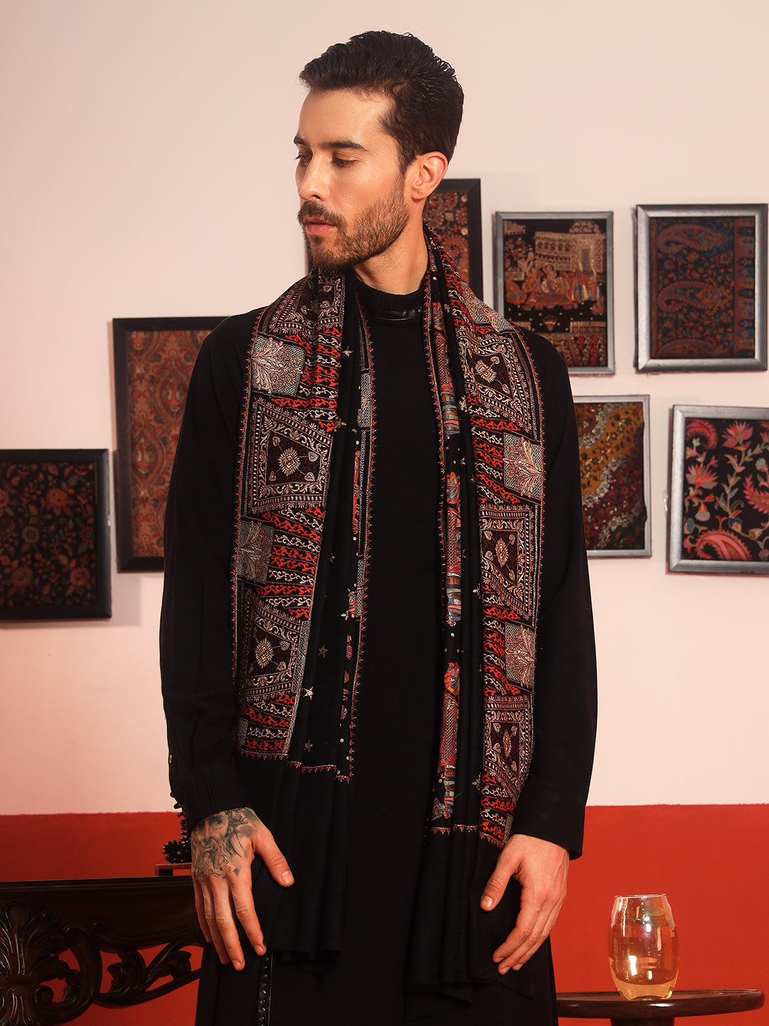 Pashmoda Men Zavian 100% Pure Wool Sozni Hand Embroidered Shawl (Size: 101x203 CM)