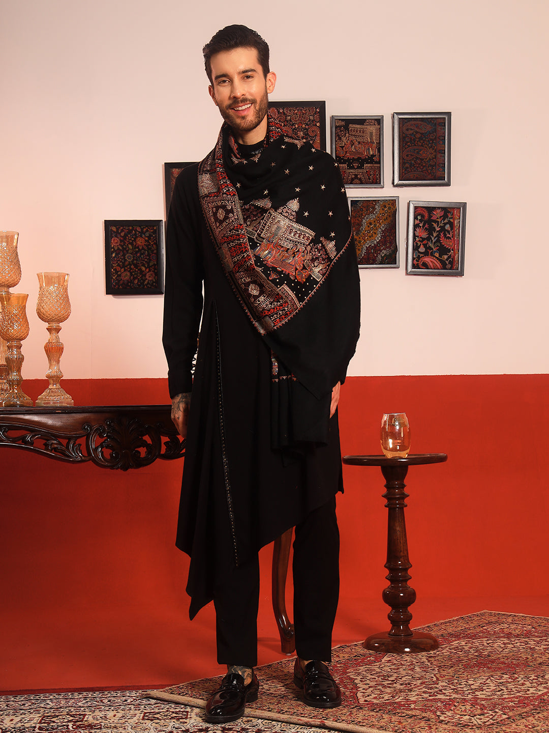 Pashmoda Men Zavian 100% Pure Wool Sozni Hand Embroidered Shawl (Size: 101x203 CM)