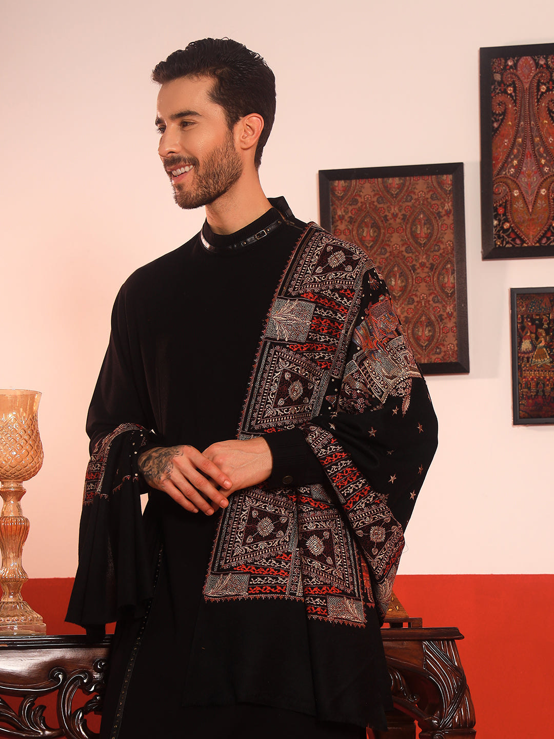 Pashmoda Men Zavian 100% Pure Wool Sozni Hand Embroidered Shawl (Size: 101x203 CM)