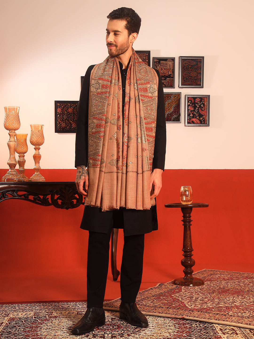 Pashmoda Men Zavian 100% Pure Wool Sozni Hand Embroidered Shawl (Size: 101x203 CM)