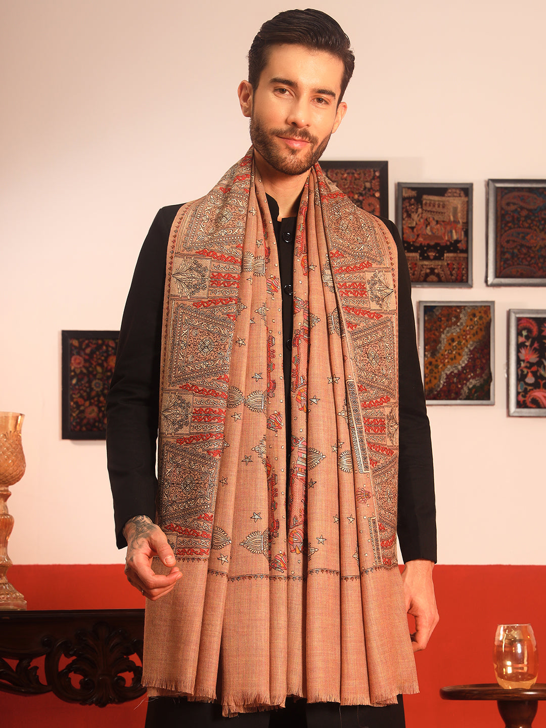 Pashmoda Men Zavian 100% Pure Wool Sozni Hand Embroidered Shawl (Size: 101x203 CM)