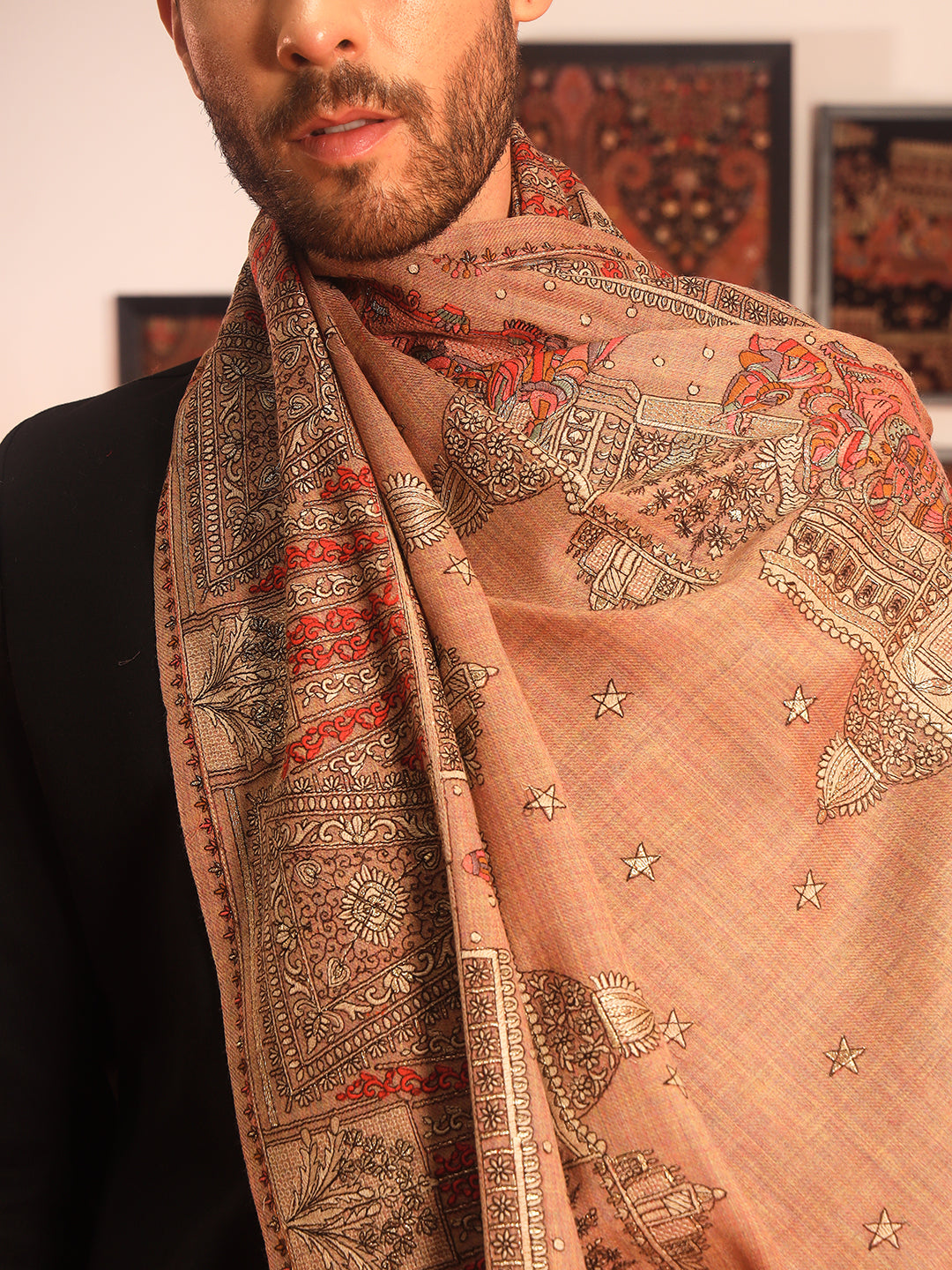 Pashmoda Men Zavian 100% Pure Wool Sozni Hand Embroidered Shawl (Size: 101x203 CM)