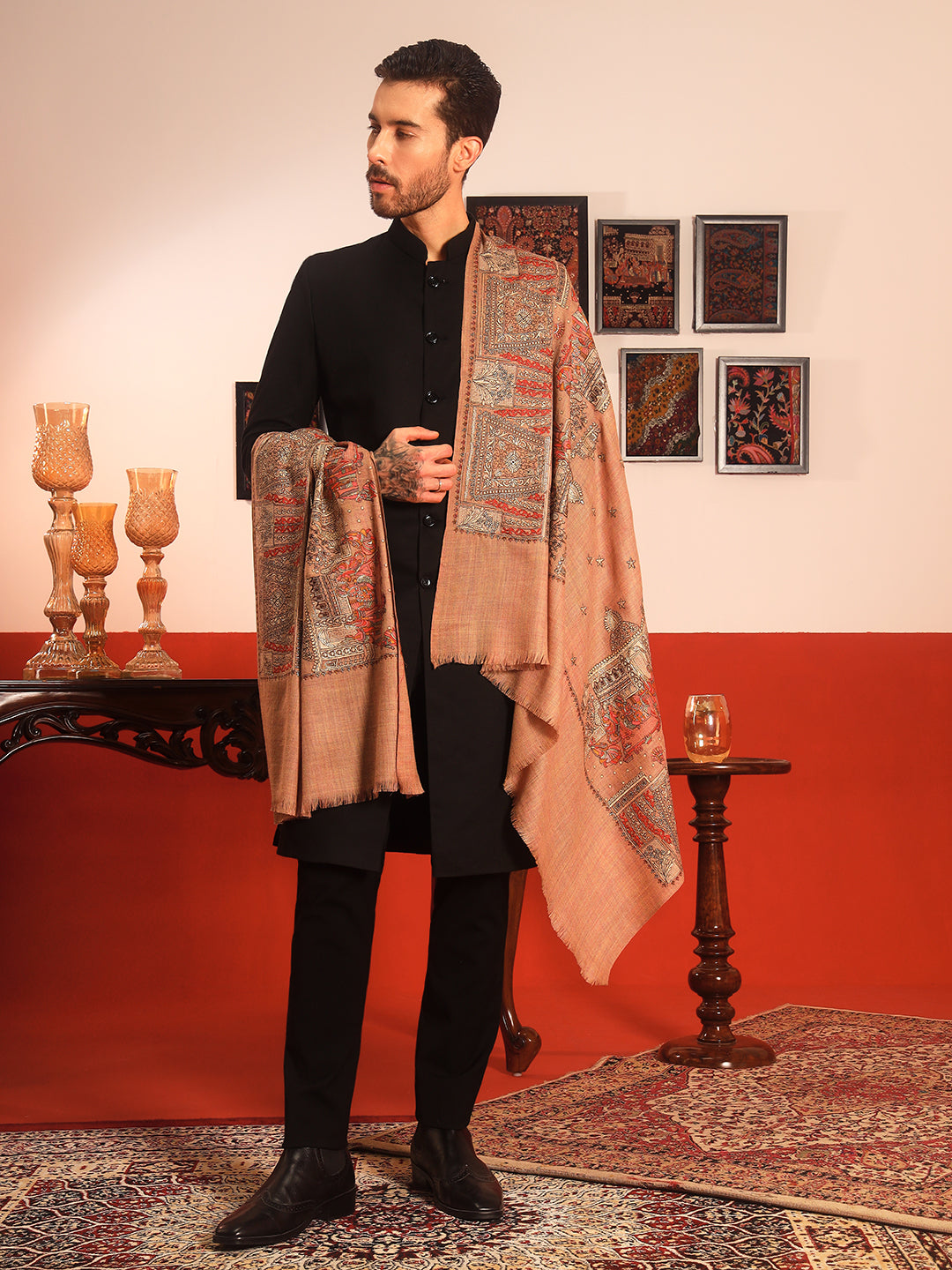 Pashmoda Men Zavian 100% Pure Wool Sozni Hand Embroidered Shawl (Size: 101x203 CM)