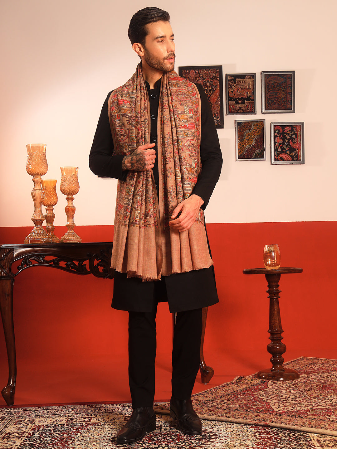 Pashmoda Men Arwina 100% Pure Wool Sozni Hand Embroidered Shawl (Size: 101x203 Cm)