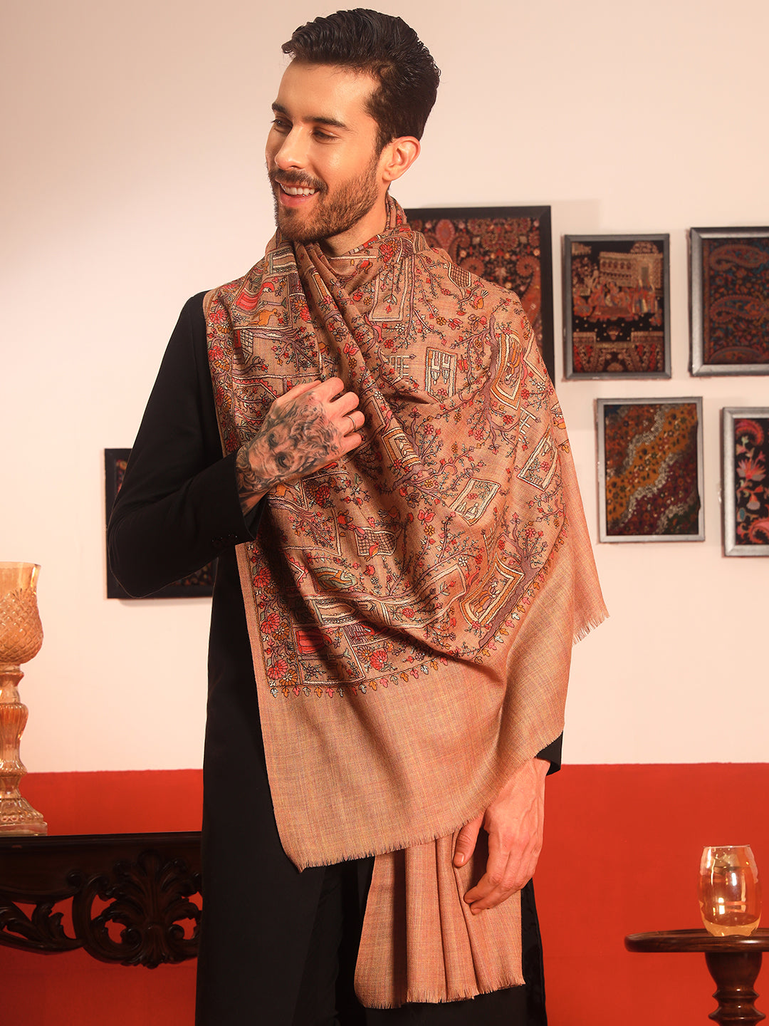 Pashmoda Men Arwina 100% Pure Wool Sozni Hand Embroidered Shawl (Size: 101x203 Cm)
