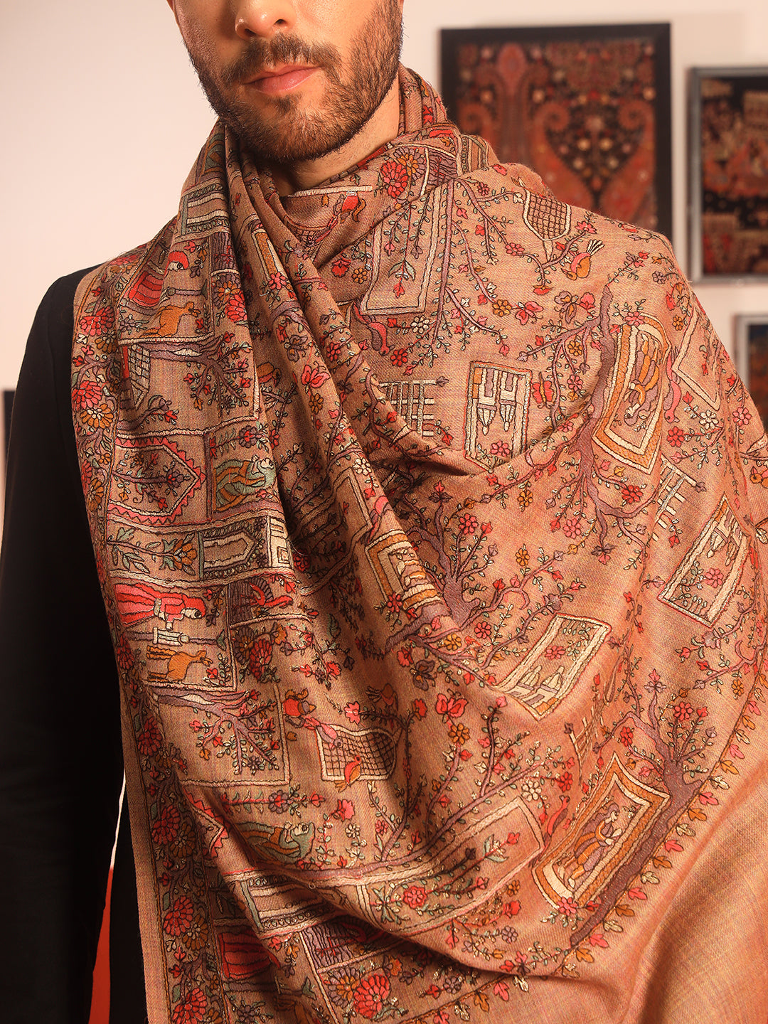 Pashmoda Men Arwina 100% Pure Wool Sozni Hand Embroidered Shawl (Size: 101x203 Cm)