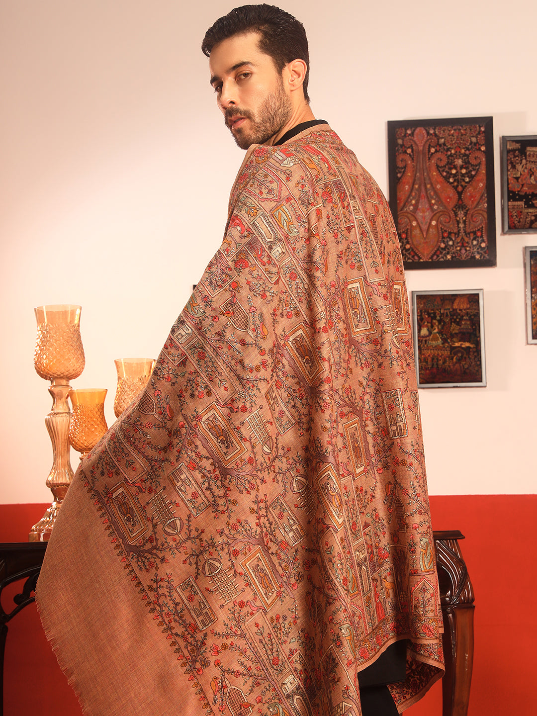 Pashmoda Men Arwina 100% Pure Wool Sozni Hand Embroidered Shawl (Size: 101x203 Cm)