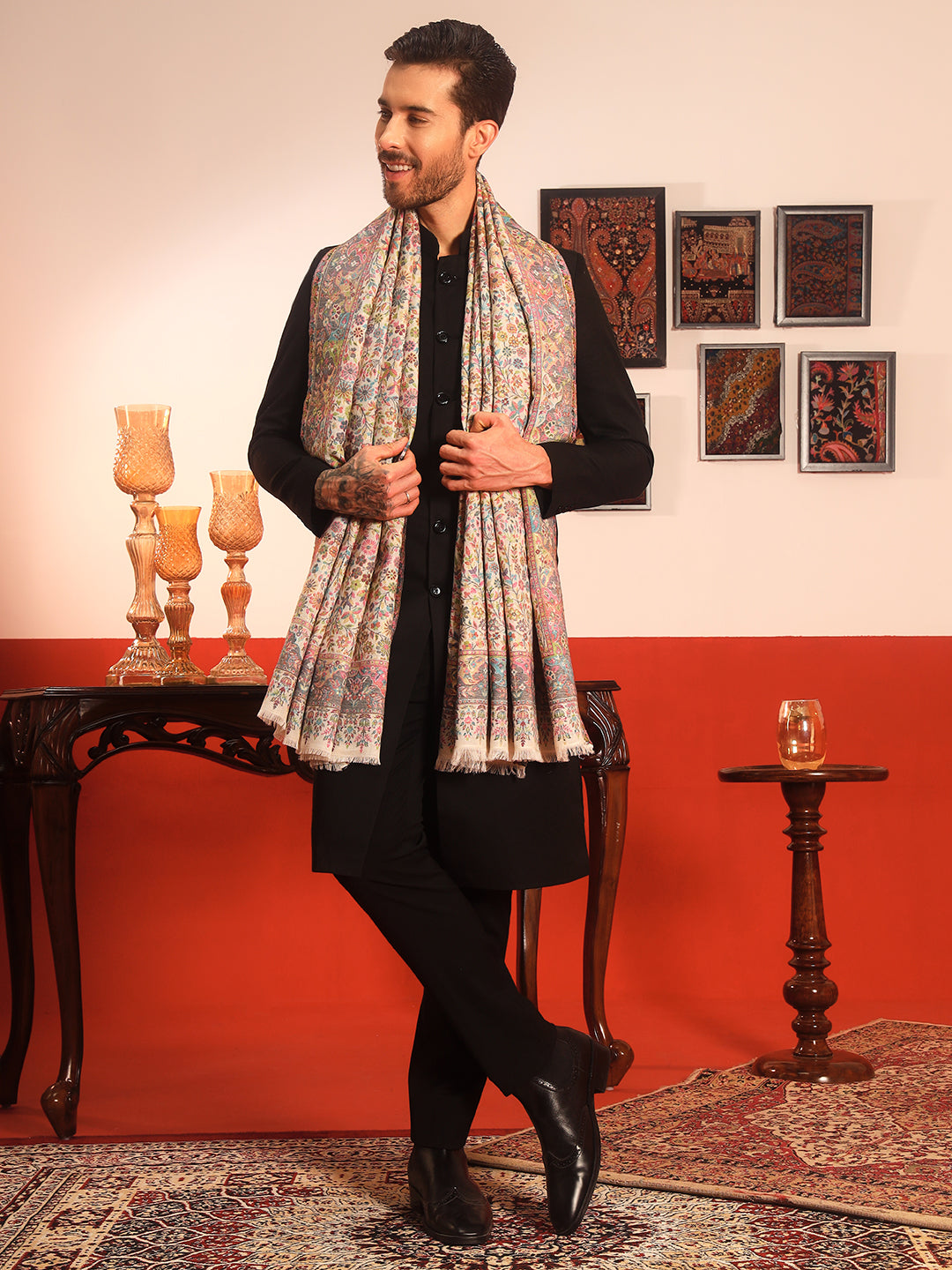 Pashmoda Men Nazrana Kaani Wool Blend Kashmiri Shawl (Size: 101X203 CM)