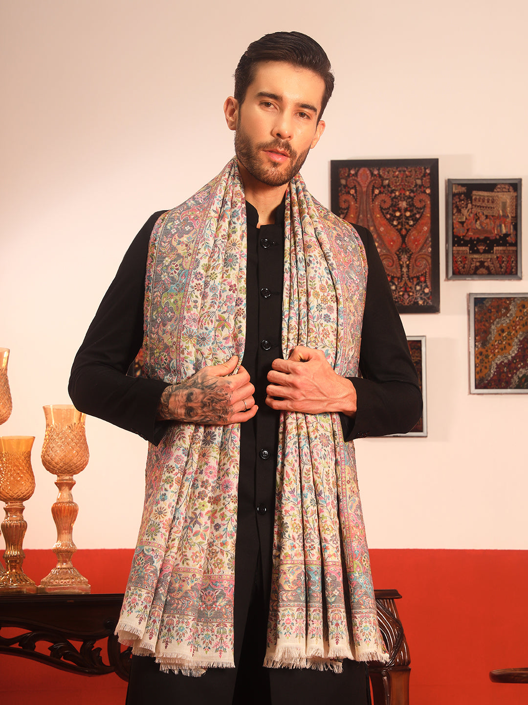 Pashmoda Men Nazrana Kaani Wool Blend Kashmiri Shawl (Size: 101X203 CM)