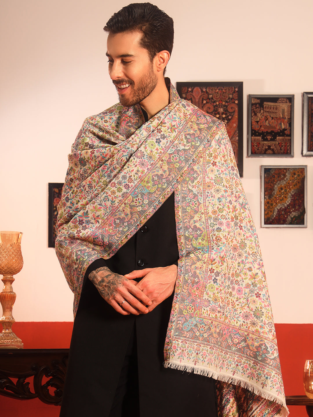 Pashmoda Men Nazrana Kaani Wool Blend Kashmiri Shawl (Size: 101X203 CM)
