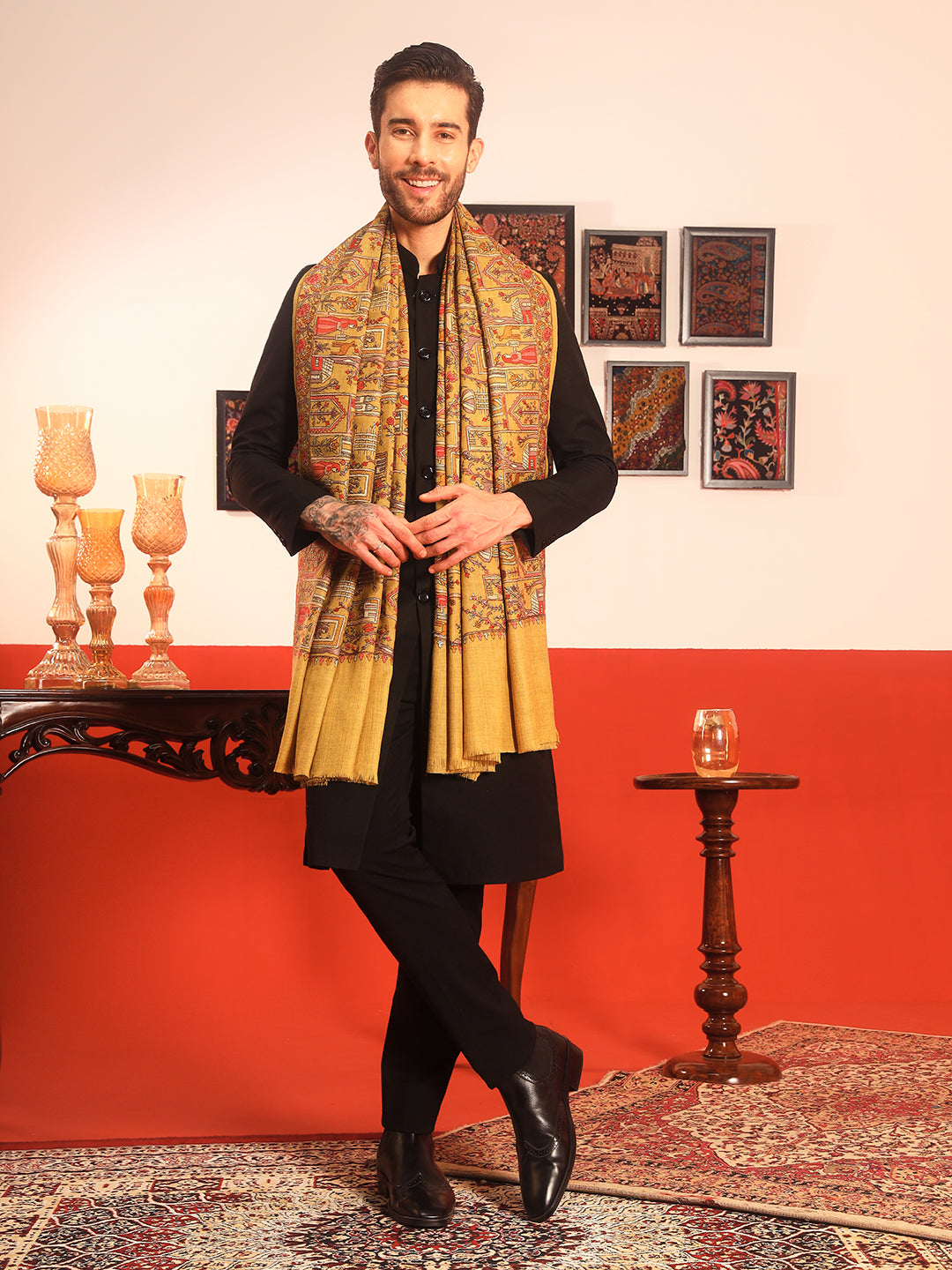 Pashmoda Men Arwina 100% Pure Wool Sozni Hand Embroidered Shawl (Size: 101x203 Cm)