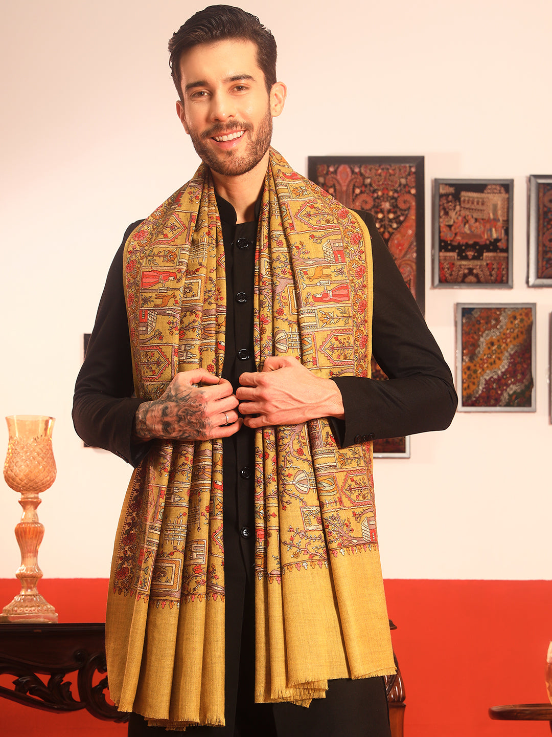 Pashmoda Men Arwina 100% Pure Wool Sozni Hand Embroidered Shawl (Size: 101x203 Cm)