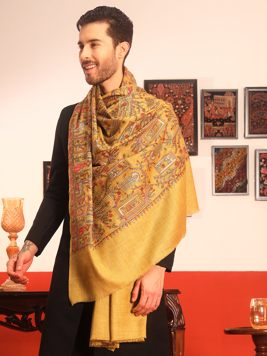 Pashmoda Men Arwina 100% Pure Wool Sozni Hand Embroidered Shawl (Size: 101x203 Cm)