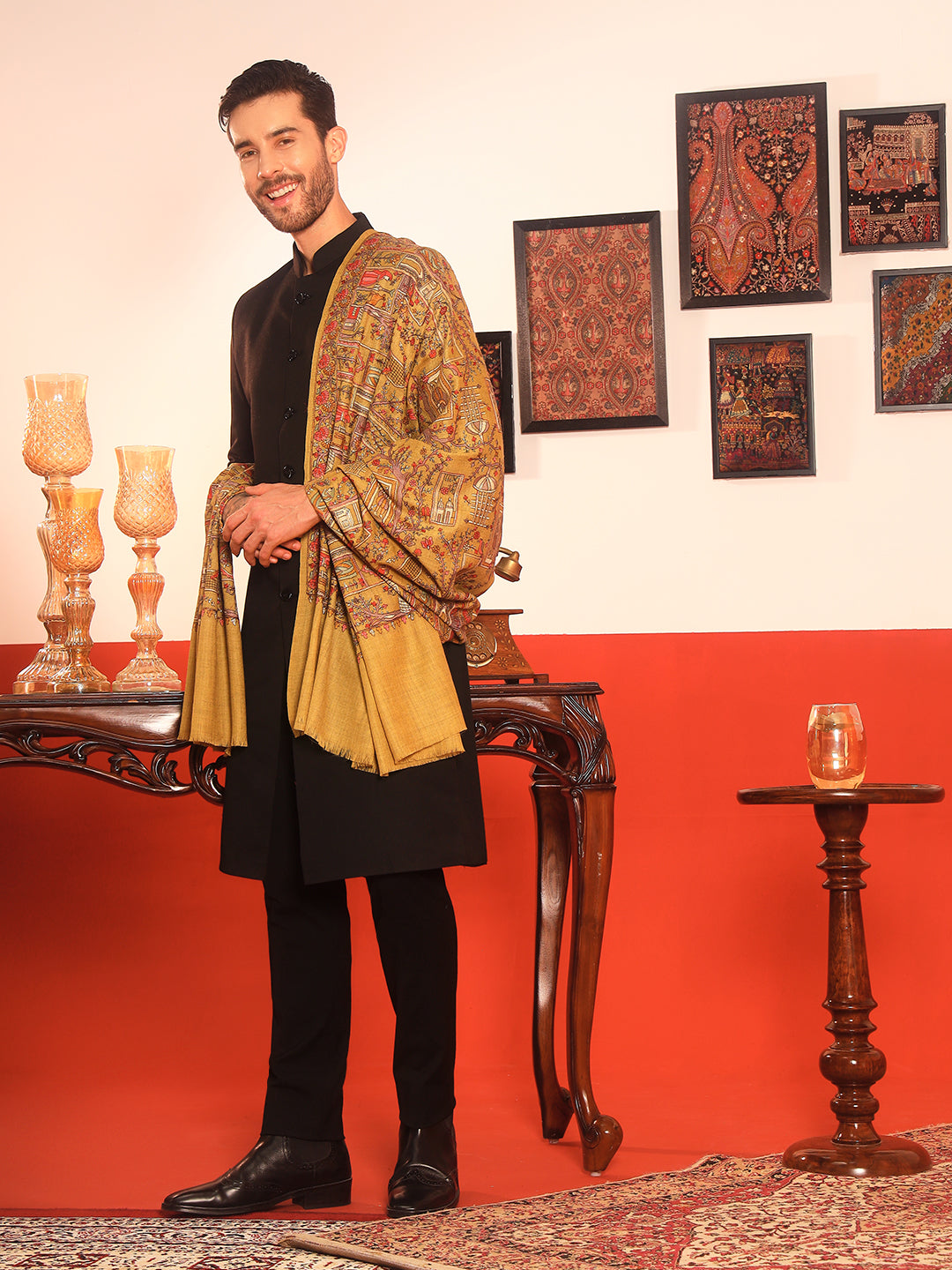 Pashmoda Men Arwina 100% Pure Wool Sozni Hand Embroidered Shawl (Size: 101x203 Cm)