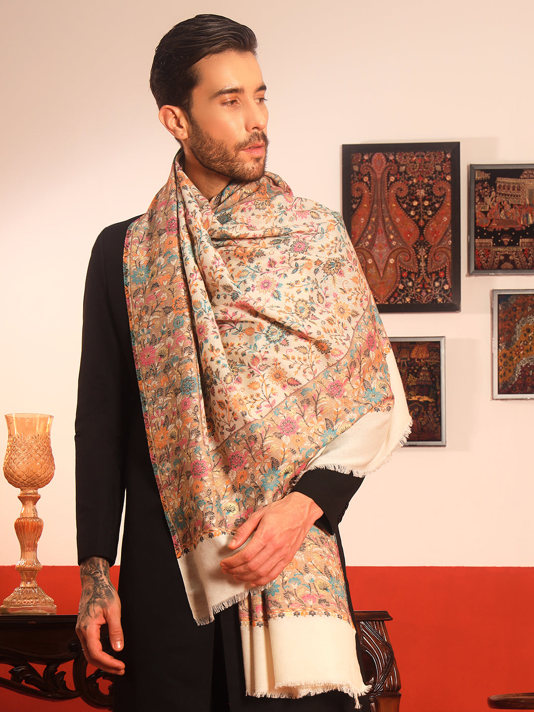 Pashmoda Men Meher Kaani Wool Blend Kashmiri Shawl (Size: 101X203 CM)