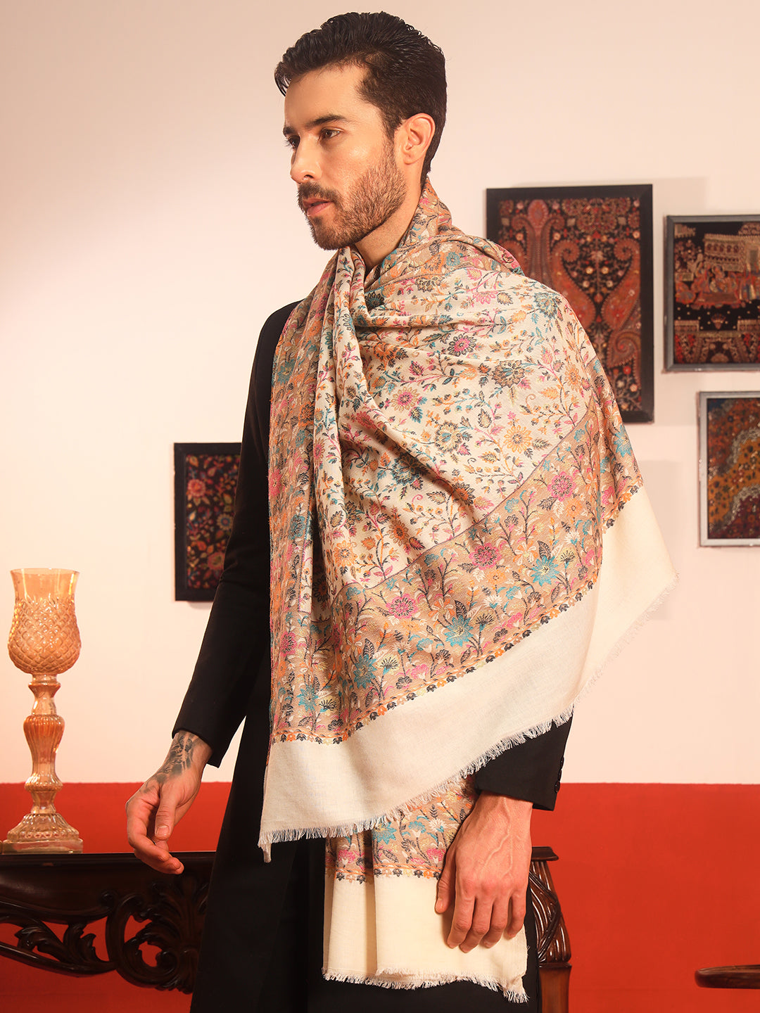 Pashmoda Men Meher Kaani Wool Blend Kashmiri Shawl (Size: 101X203 CM)
