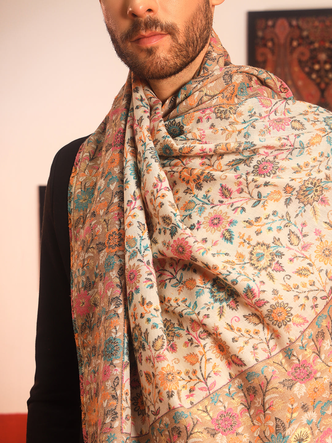 Pashmoda Men Meher Kaani Wool Blend Kashmiri Shawl (Size: 101X203 CM)