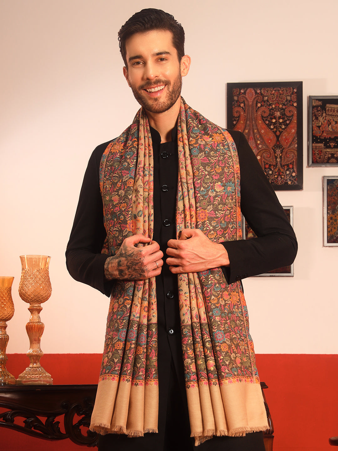Pashmoda Men Meher Kaani Wool Blend Kashmiri Shawl (Size: 101X203 CM)
