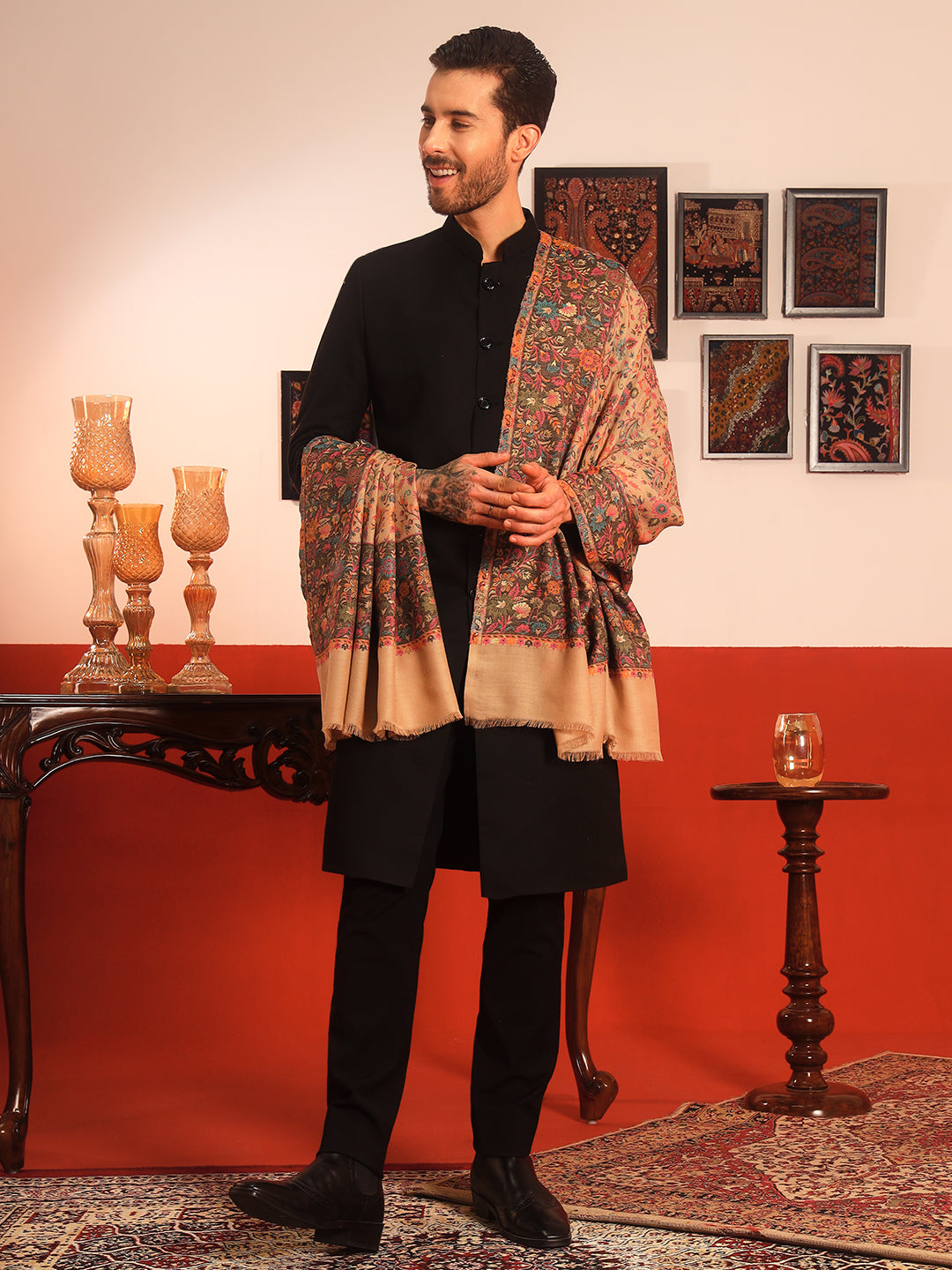 Pashmoda Men Meher Kaani Wool Blend Kashmiri Shawl (Size: 101X203 CM)