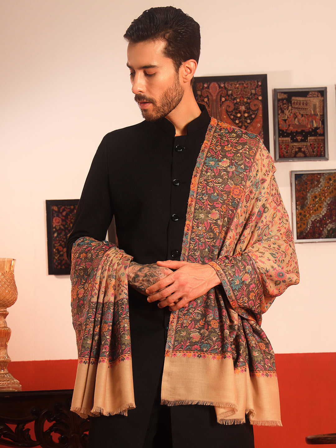 Pashmoda Men Meher Kaani Wool Blend Kashmiri Shawl (Size: 101X203 CM)