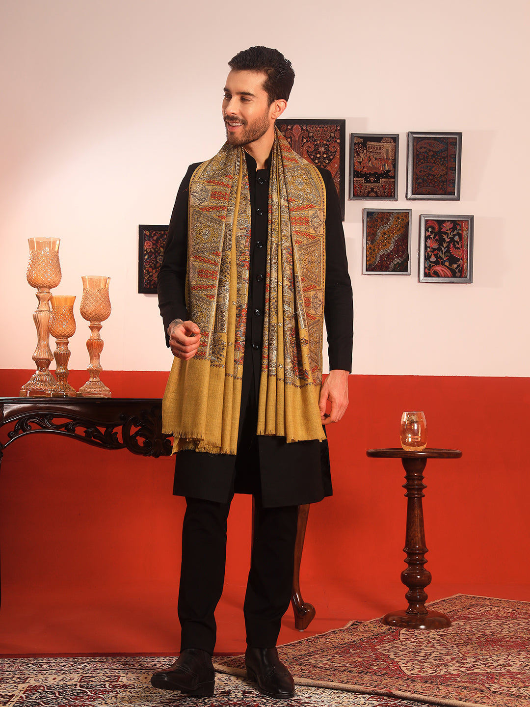 Pashmoda Men Zavian 100% Pure Wool Sozni Hand Embroidered Shawl (Size: 101x203 CM)