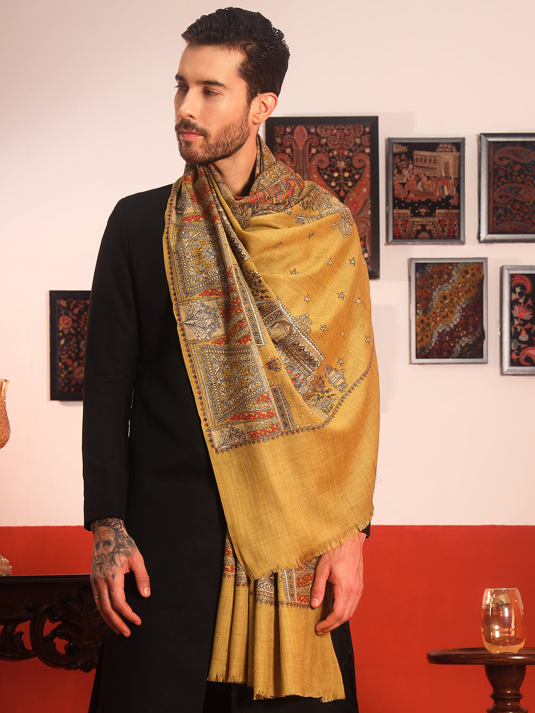 Pashmoda Men Zavian 100% Pure Wool Sozni Hand Embroidered Shawl (Size: 101x203 CM)