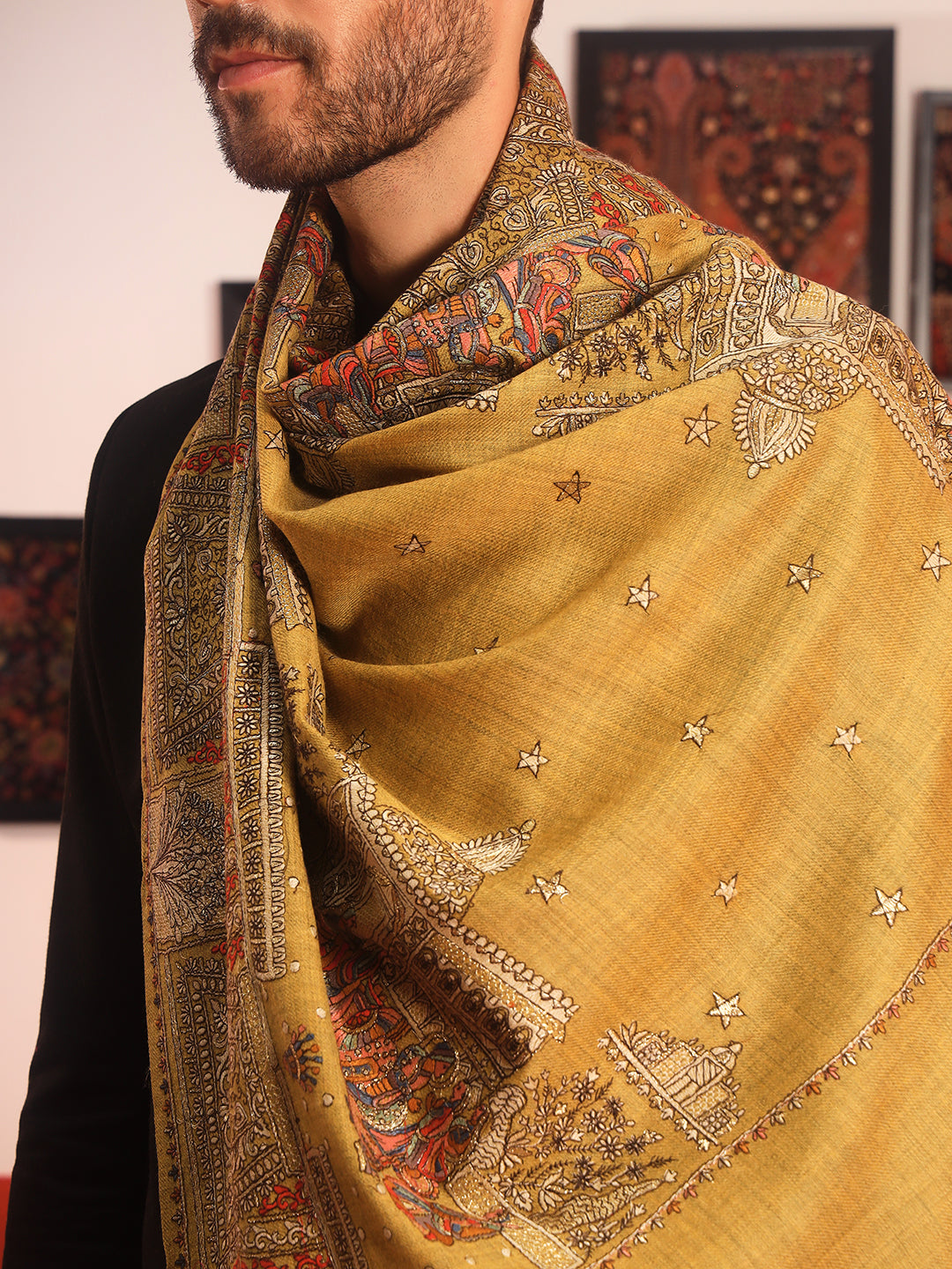 Pashmoda Men Zavian 100% Pure Wool Sozni Hand Embroidered Shawl (Size: 101x203 CM)