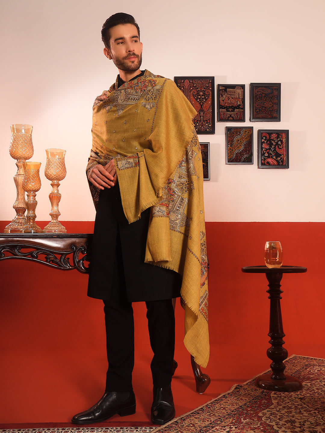 Pashmoda Men Zavian 100% Pure Wool Sozni Hand Embroidered Shawl (Size: 101x203 CM)