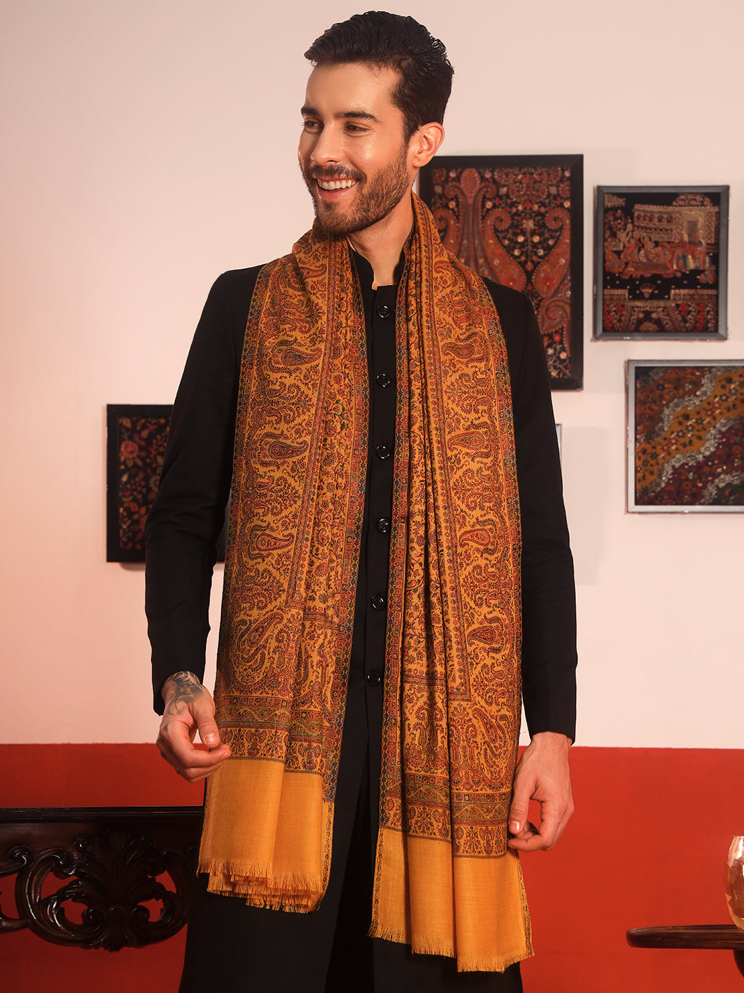 Pashmoda Men Jalwaa Kashmiri Jamawar Woven Shawl (Size: 101X203 CM)