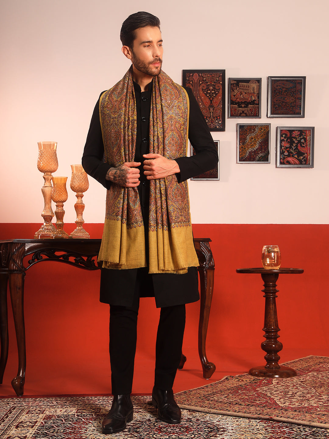 Pashmoda Men Rehnan 100% Pure Wool Sozni Hand Embroidered Shawl (Size: 101x203 Cm)