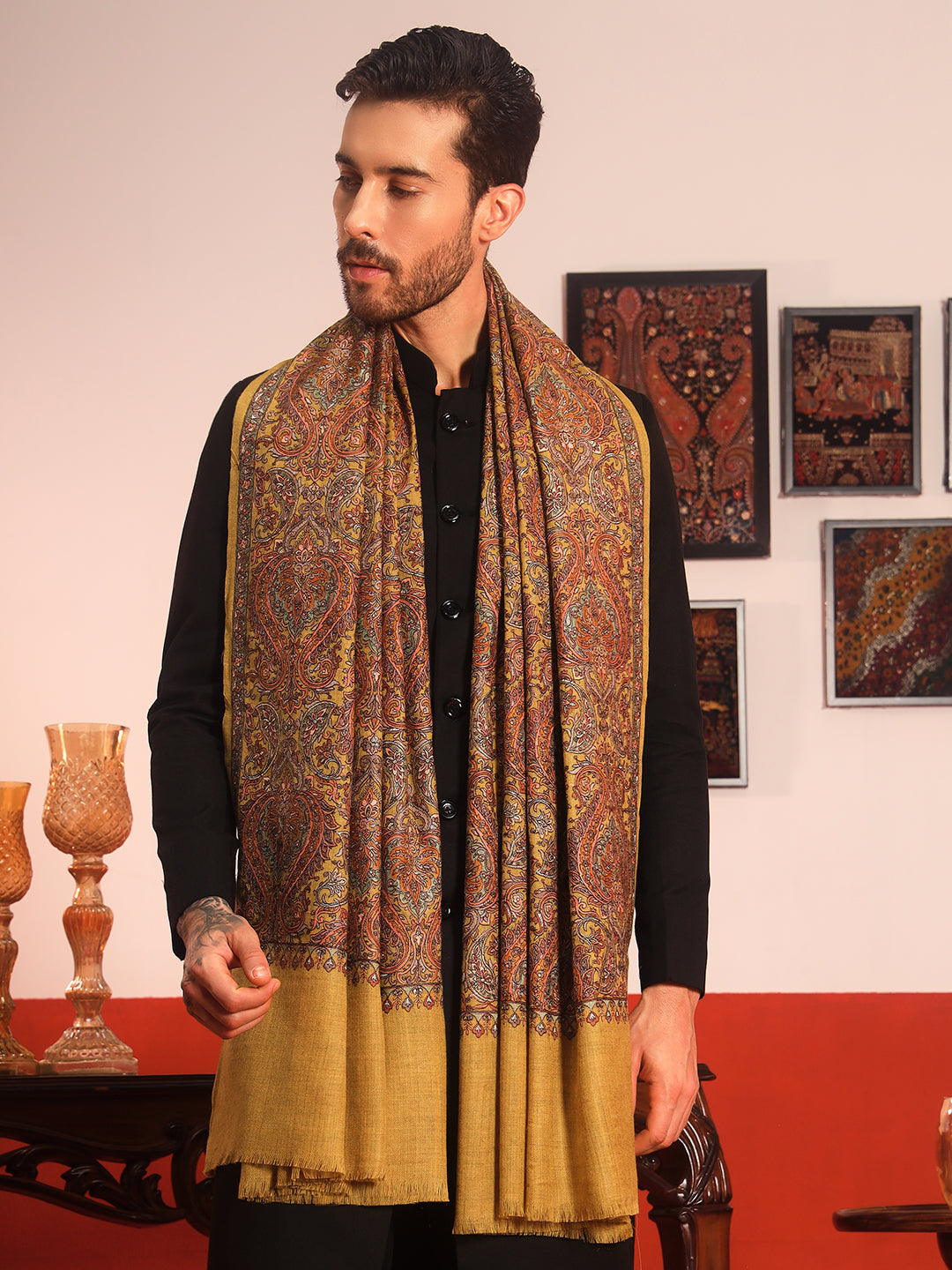 Pashmoda Men Rehnan 100% Pure Wool Sozni Hand Embroidered Shawl (Size: 101x203 Cm)