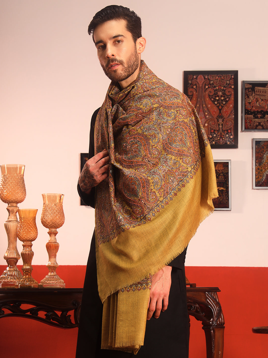 Pashmoda Men Rehnan 100% Pure Wool Sozni Hand Embroidered Shawl (Size: 101x203 Cm)