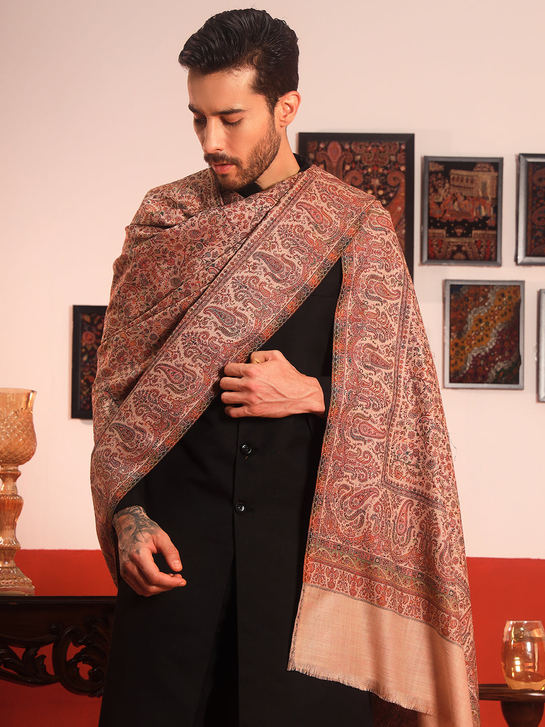 Pashmoda Men Jalwaa Kashmiri Jamawar Woven Shawl (Size: 101X203 CM)