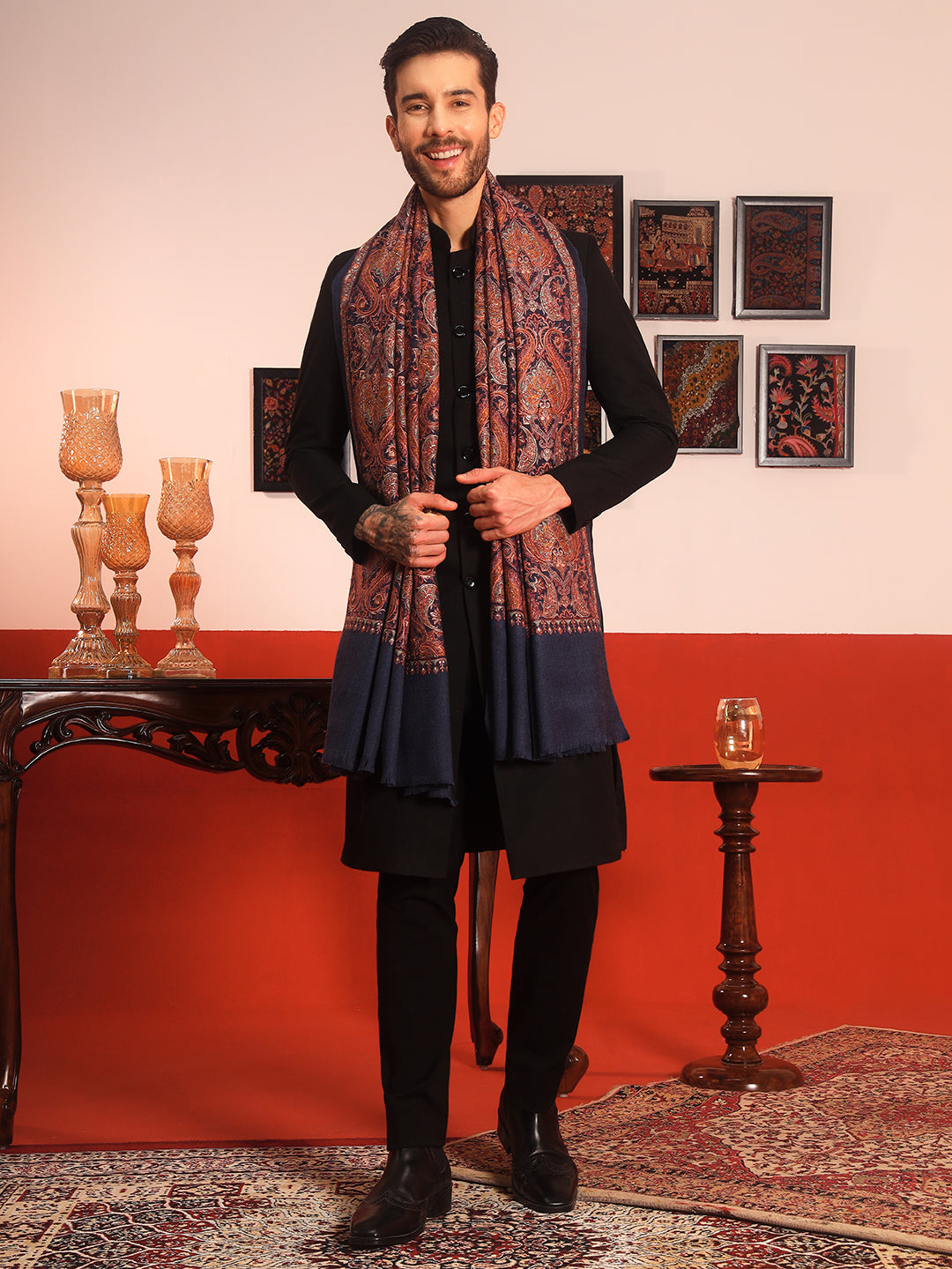 Pashmoda Men Rehnan 100% Pure Wool Sozni Hand Embroidered Shawl (Size: 101x203 Cm)