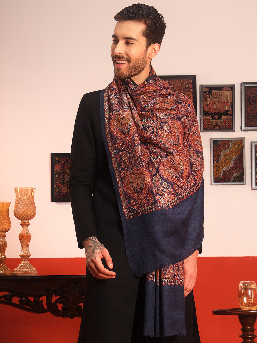 Pashmoda Men Rehnan 100% Pure Wool Sozni Hand Embroidered Shawl (Size: 101x203 Cm)