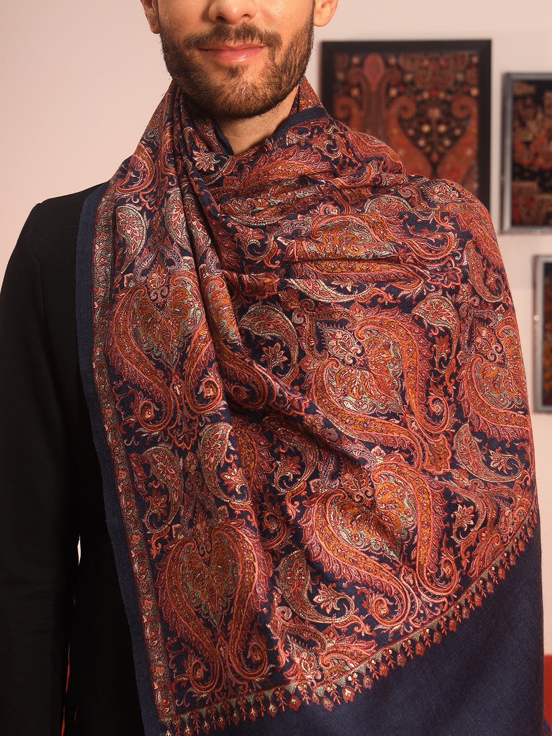 Pashmoda Men Rehnan 100% Pure Wool Sozni Hand Embroidered Shawl (Size: 101x203 Cm)