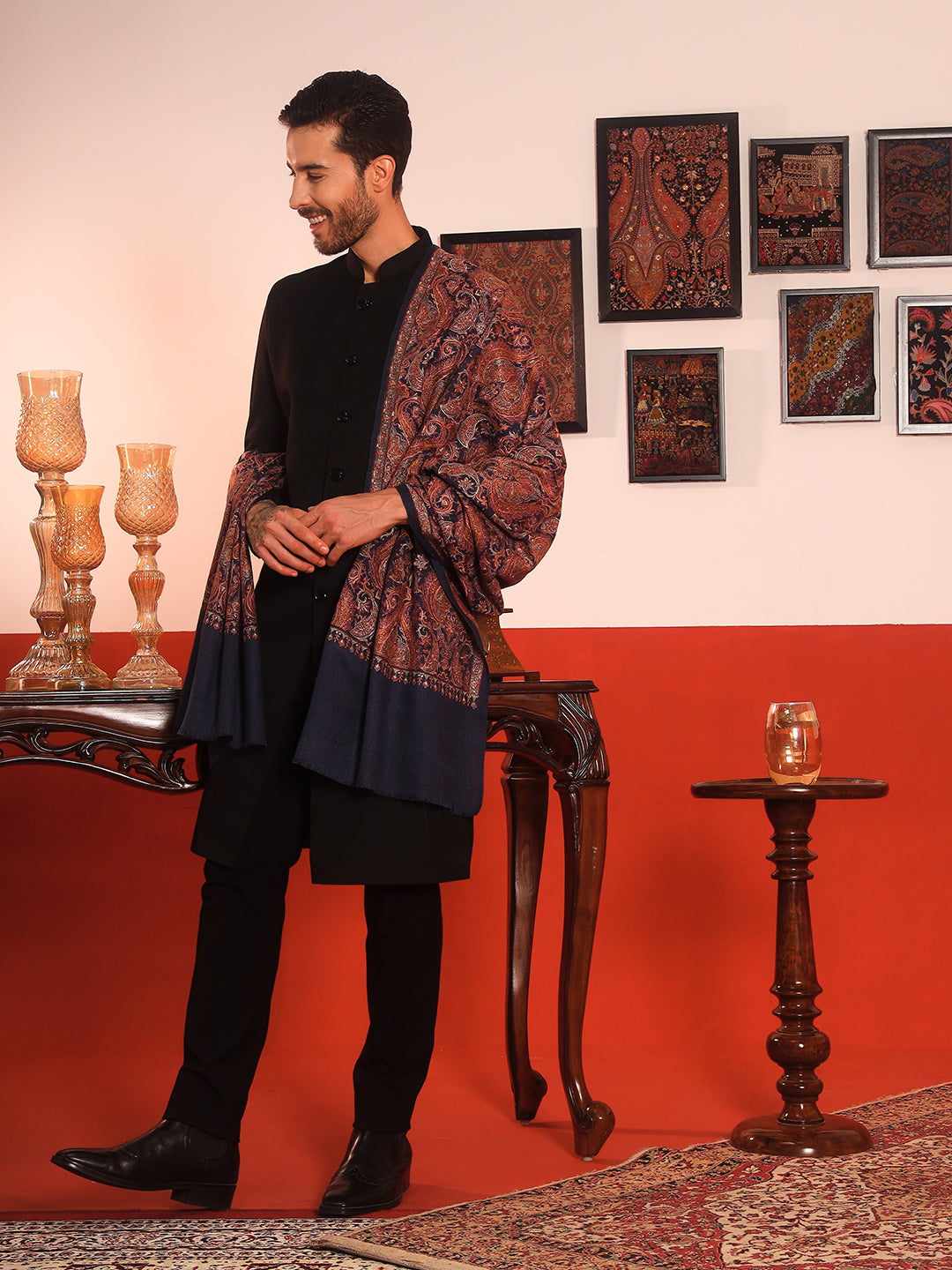 Pashmoda Men Rehnan 100% Pure Wool Sozni Hand Embroidered Shawl (Size: 101x203 Cm)