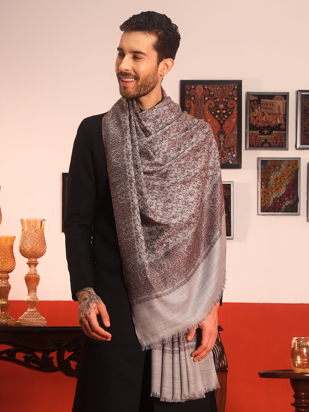 Pashmoda Men Meher Jaal Kashmiri Jamawar Woven Shawl (Size: 101X203 CM)